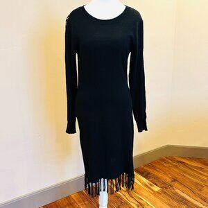 CANDELA BLACK FRINGE KNIT DRESS WITH LACE SLEEVES MEDIUM